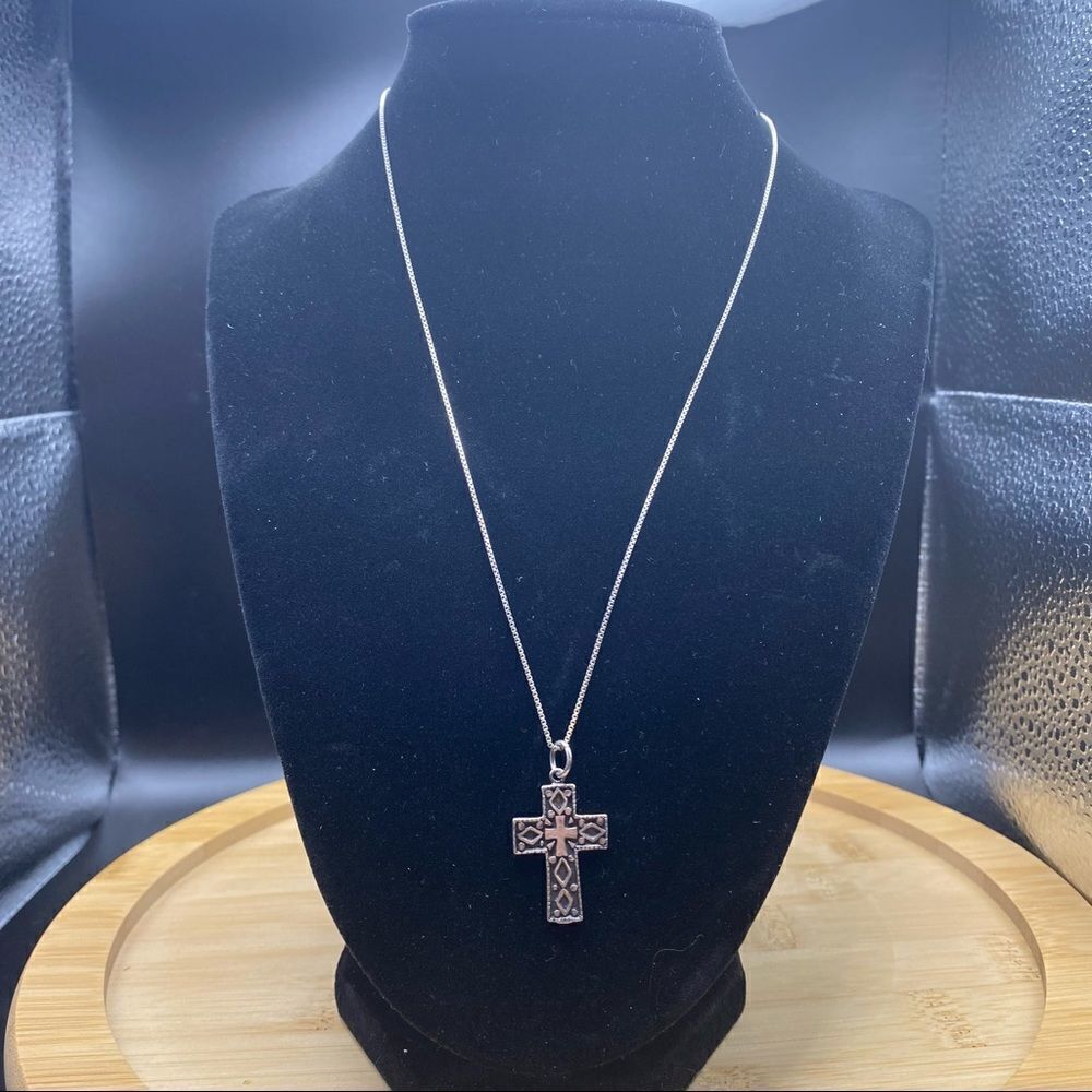 925 silver etched relief cross pendant 1 1/4” long on a 18” box chain